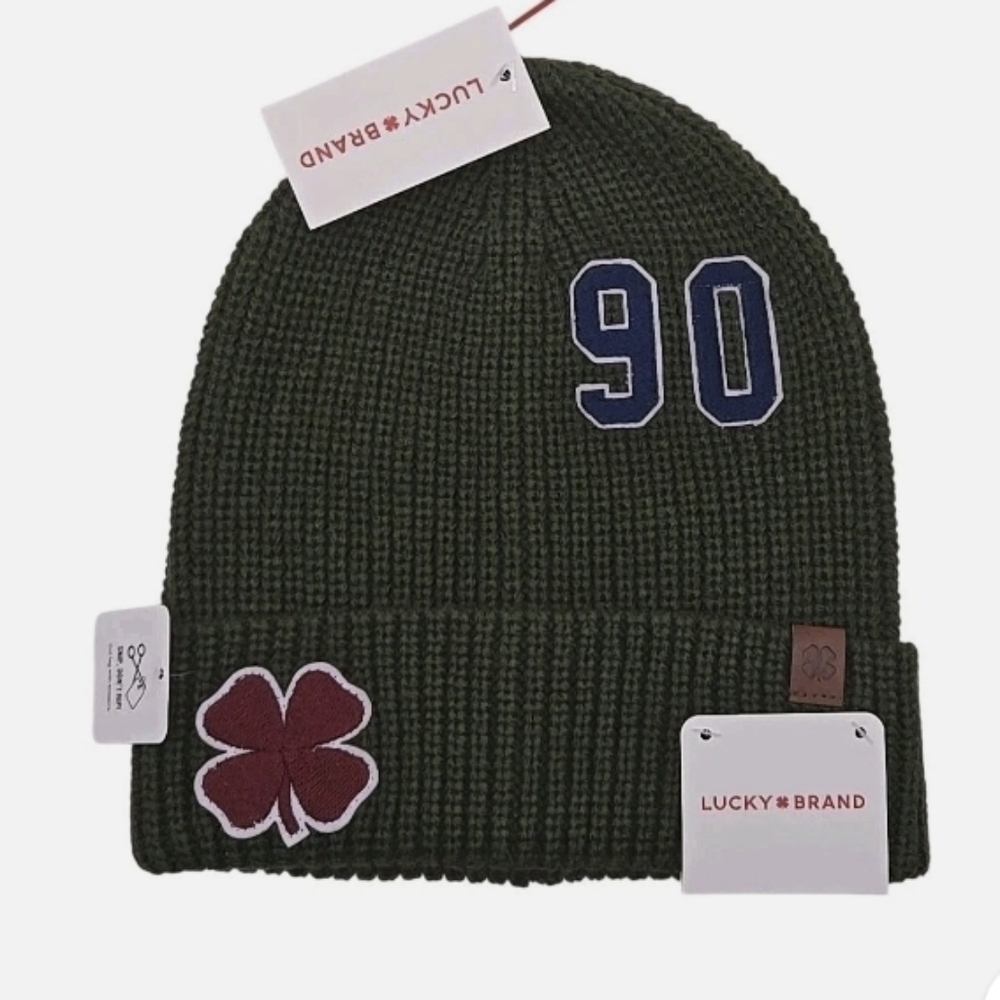 Lucky Brand Rifle Green Knit Beanie OS Patch Clover NWT Shamrock 90 Embroidery